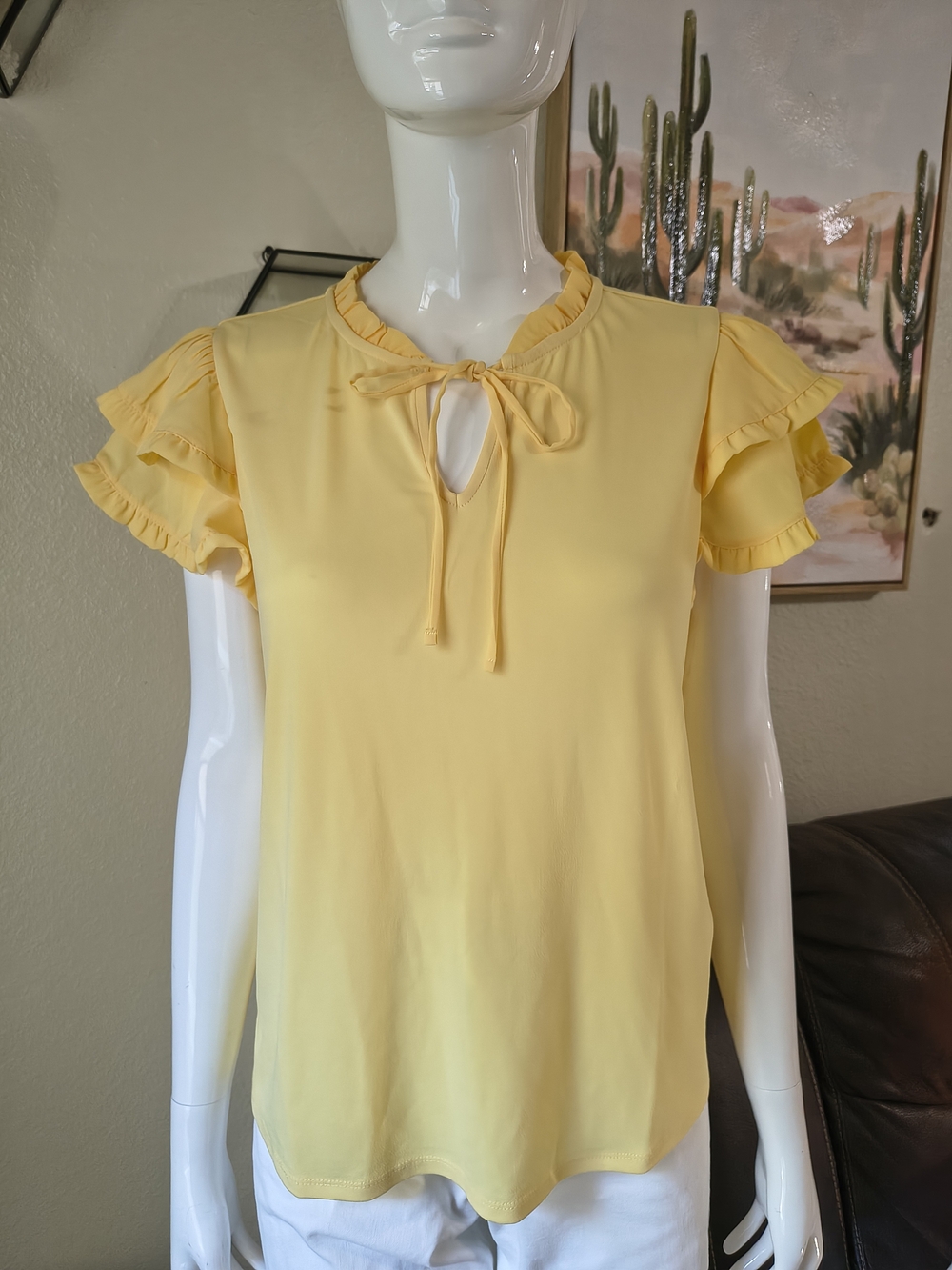 Adrianna Papell Sunny Yellow Tie-Neck Ruffle Sleeve Blouse